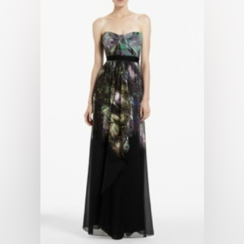BCBGMaxAzria Tae Printed Strapless Silk Gown - peacock pattern